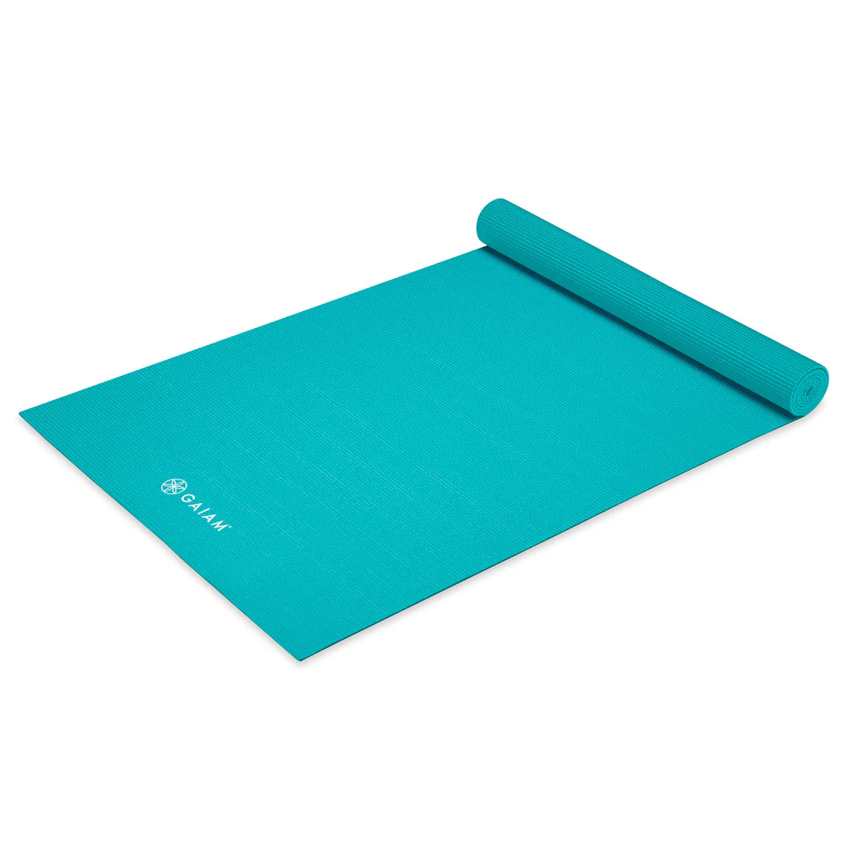 Gaiam Classic Solid Color Yoga Pilates Mat 5mm Light Blue rolled angled view