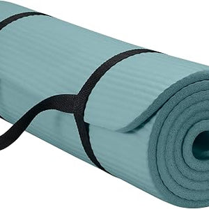 GAIAM Thick Exercise Mat, Cushioned Non-Slip Yoga & Pilates rolled in blue-gray with a carrying sling for anti fatigue support during Floor exercises, matting, pilates, stretching, and Yoga.