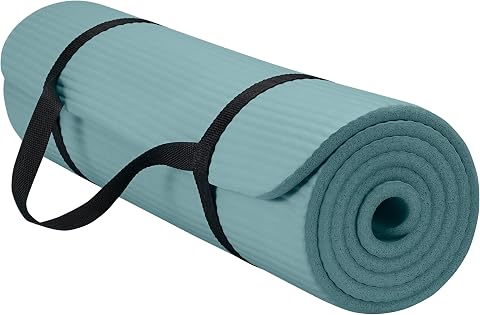 GAIAM Thick Exercise Mat, Cushioned Non-Slip Yoga & Pilates rolled in blue-gray with a carrying sling for anti fatigue support during Floor exercises, matting, pilates, stretching, and Yoga.