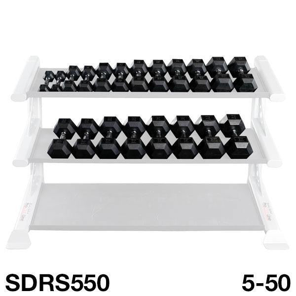 Body-Solid 5-50 lb. Rubber Coated Dumbbell Set with Vertical Heavy Duty 3-Side Storage Rack