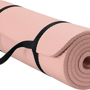 GAIAM Thick Exercise Mat, Cushioned Non-Slip Yoga & Pilates rolled in light pink with a portable sling, designed for anti fatigue Floor exercises, matting, pilates, stretching, and Yoga.