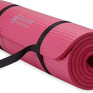 GAIAM Thick Exercise Mat, Cushioned Non-Slip Yoga & Pilates rolled in pink with a carrying sling for anti fatigue comfort during Floor exercises, matting, pilates, stretching, and Yoga.