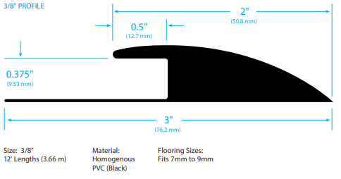 3/8" Vinyl Transition Strip/Reducer -12' length - heavy duty black