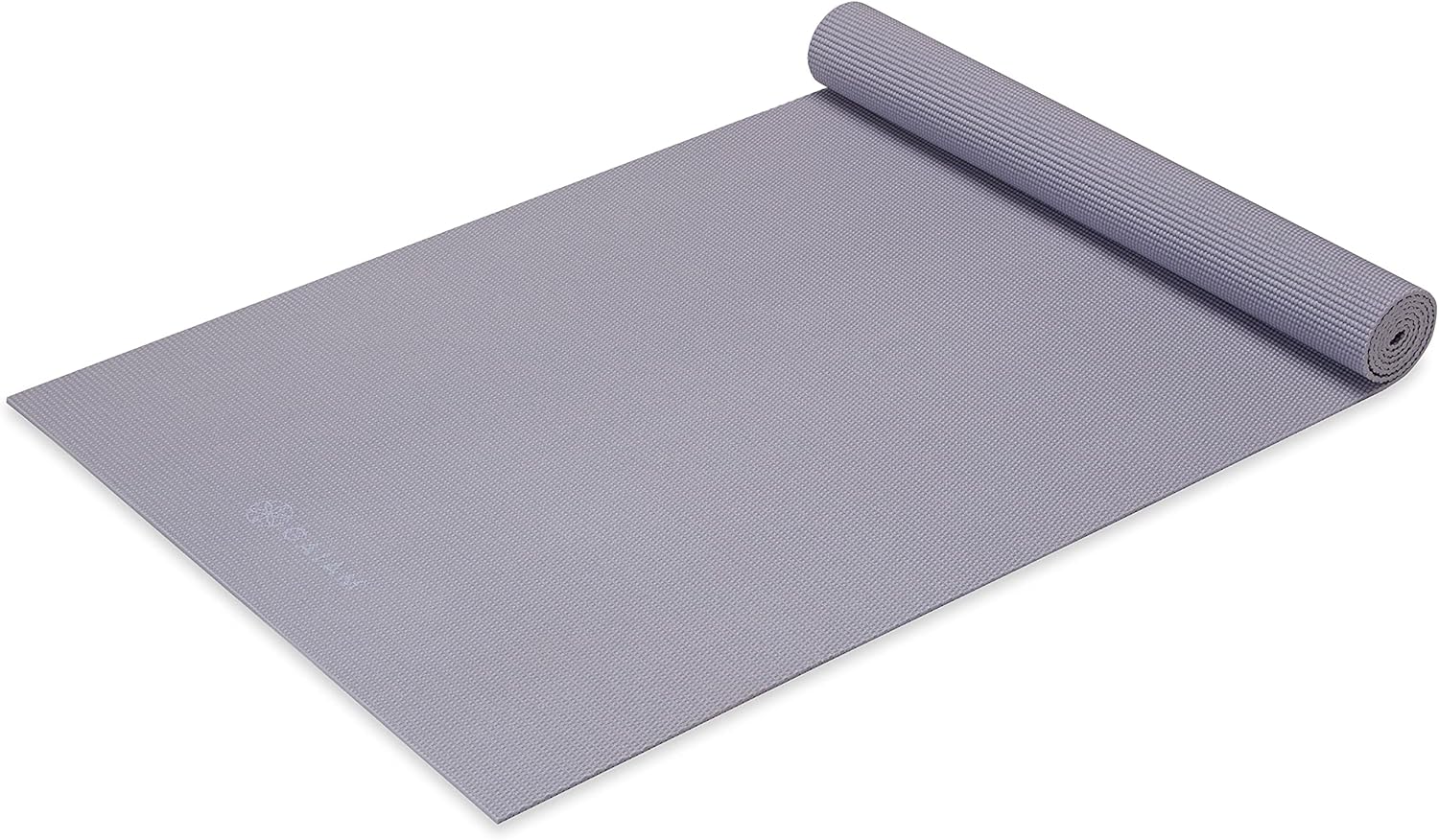 Gaiam Classic Solid Color Yoga Pilates Mat 5mm Deep Thistle rolled angled view