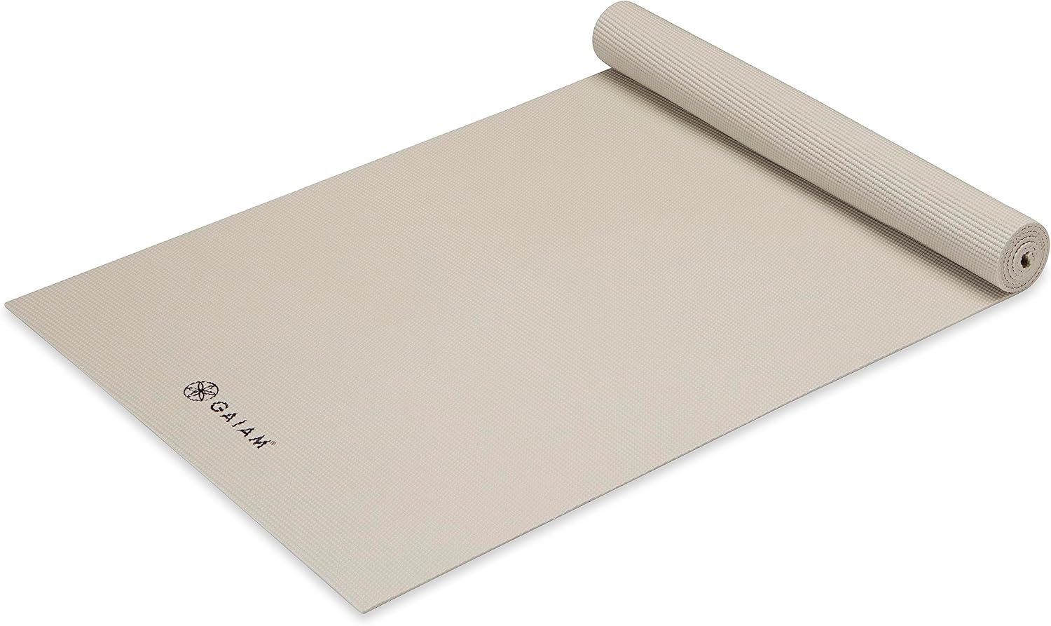 Gaiam Classic Solid Color Yoga Pilates Mat 5mm Dovetail rolled angled view