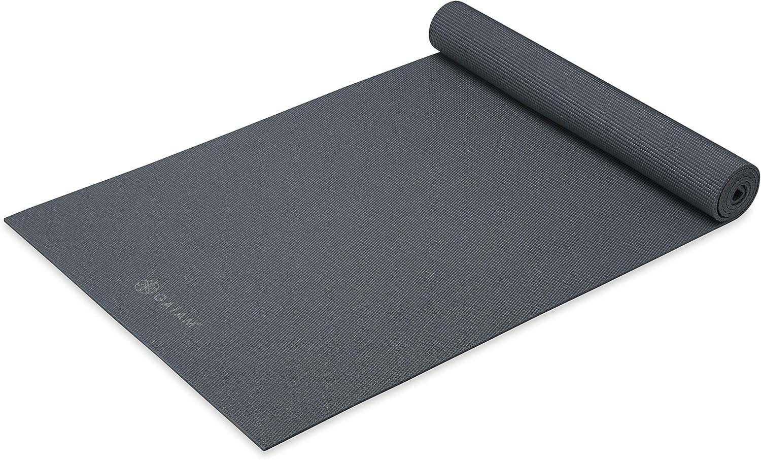Gaiam Classic Solid Color Yoga Pilates Mat 5mm FolkStoneGray rolled angled view