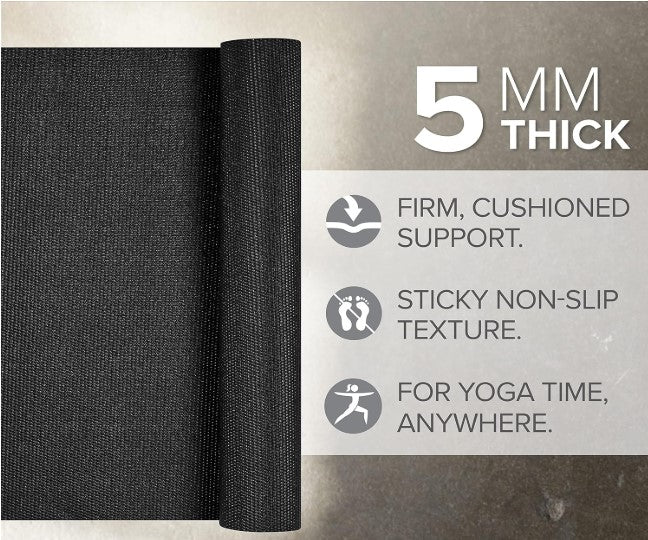 Black yoga mat with text highlighting features on a gray background
