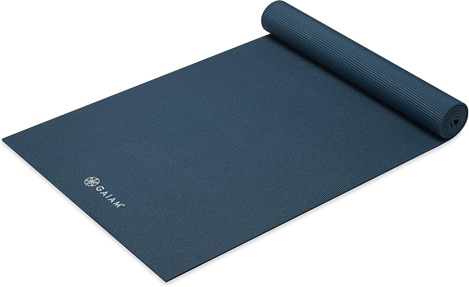 Gaiam Classic Solid Color Yoga Pilates Mat 5mm Marine rolled angled view