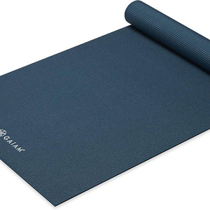 Gaiam Classic Solid Color Yoga Pilates Mat 5mm Marine rolled angled view