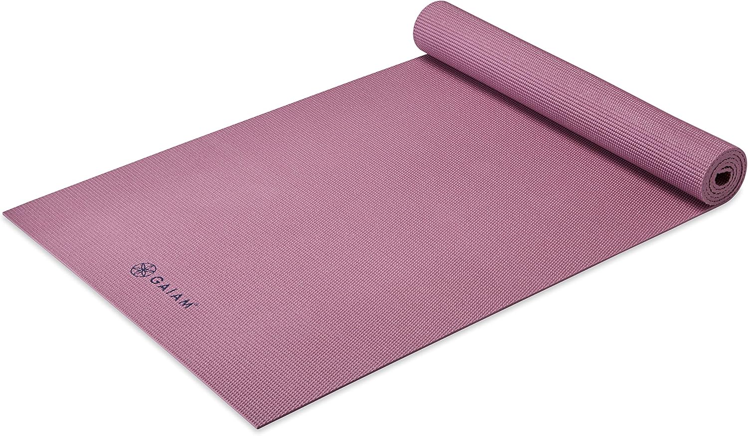 Gaiam Classic Solid Color Yoga Pilates Mat 5mm RoseyPink rolled angled view