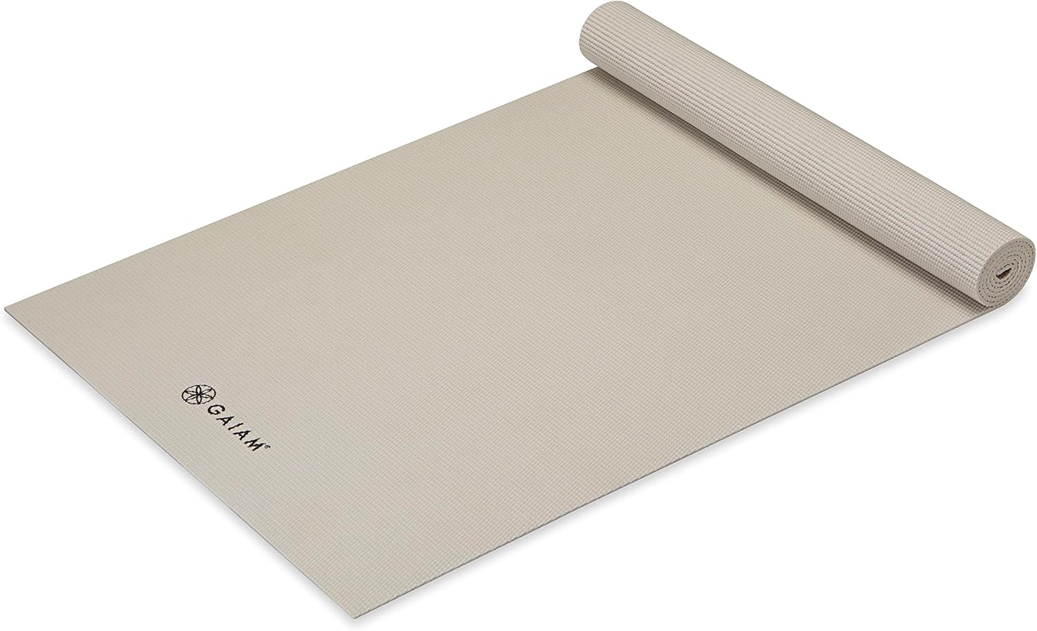 Gaiam Classic Solid Color Yoga Pilates Mat 5mm Sandstone rolled angled view