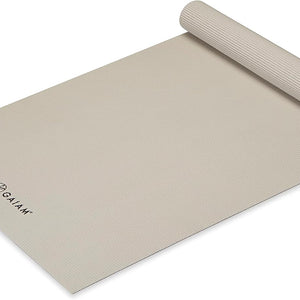 Gaiam Classic Solid Color Yoga Pilates Mat 5mm Sandstone rolled angled view