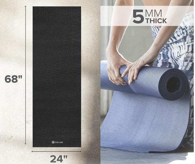 Yoga mat with dimensions and thickness information, featuring a Gaiam brand logo.