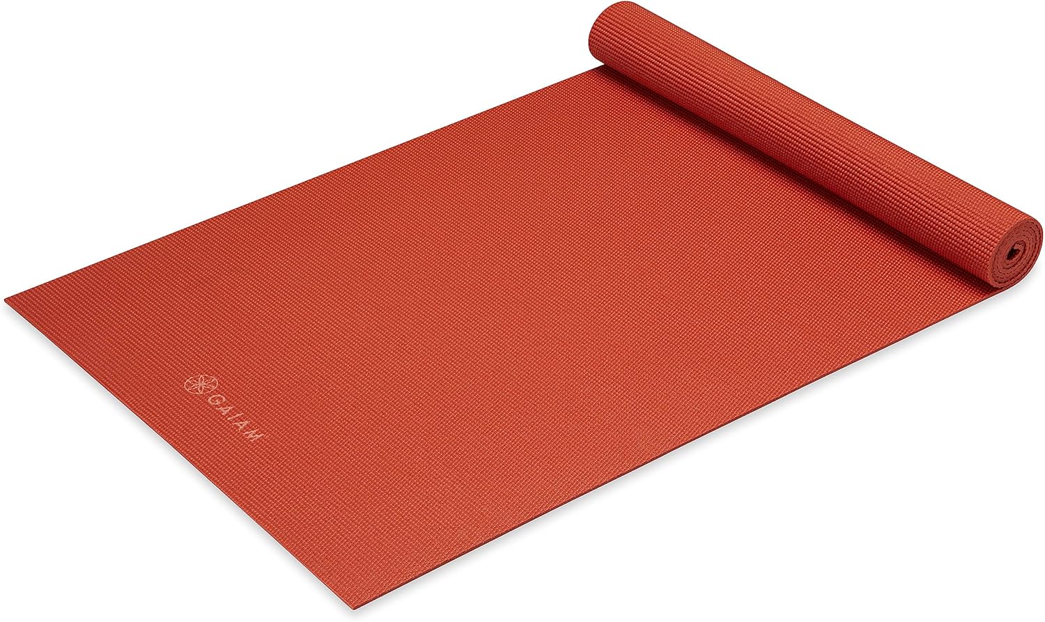 Gaiam Classic Solid Color Yoga Pilates Mat 5mm Sunburnt rolled angled view