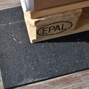 FitFloors.com Anti Slip Rubber Mat Confetti Underlayment For Floor Protection And Traction used beneath an EPAL wooden pallet to protect the floor and improve stability.