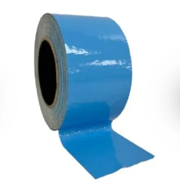 Double Sided Flooring Tape, 3' x 75' Roll For Temporary Rubber Flooring Installation, shown as a blue adhesive tape roll with one end unrolled