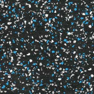 Galaxy Plus Rubber Gym Flooring Rolls - 48-Inch Wide, Recycled Rubber, Slip-Resistant, USA Made in black with blue, white, and gray flecks; rubber gym flooring rolls color sample