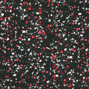 Galaxy Plus Rubber Gym Flooring Rolls - 48-Inch Wide, Recycled Rubber, Slip-Resistant, USA Made in black with red and white flecks; rubber gym flooring rolls color sample