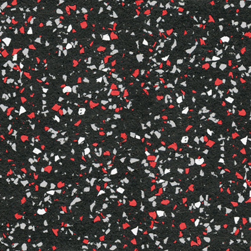 Galaxy Plus Rubber Gym Flooring Rolls - 48-Inch Wide, Recycled Rubber, Slip-Resistant, USA Made in black with red and white flecks; rubber gym flooring rolls color sample