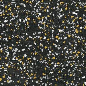 Galaxy Plus Rubber Gym Flooring Rolls - 48-Inch Wide, Recycled Rubber, Slip-Resistant, USA Made in black with yellow, white, and gray flecks; rubber gym flooring rolls color sample