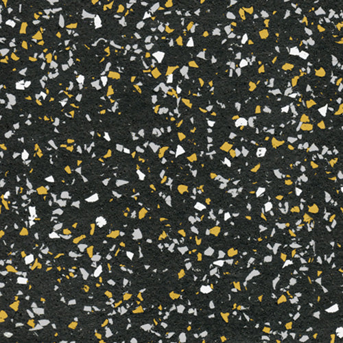 Galaxy Plus Rubber Gym Flooring Rolls - 48-Inch Wide, Recycled Rubber, Slip-Resistant, USA Made in black with yellow, white, and gray flecks; rubber gym flooring rolls color sample