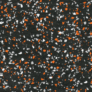 Galaxy Plus Rubber Gym Flooring Rolls - 48-Inch Wide, Recycled Rubber, Slip-Resistant, USA Made in black with orange, white, and gray flecks; rubber gym flooring rolls color sample