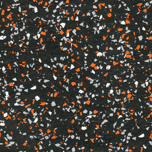 Galaxy Plus Rubber Gym Flooring Rolls - 48-Inch Wide, Recycled Rubber, Slip-Resistant, USA Made in black with orange, white, and gray flecks; rubber gym flooring rolls color sample