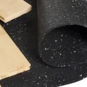 Rubber underlayment flooring roll product shot showing roll end and cross-section thickness