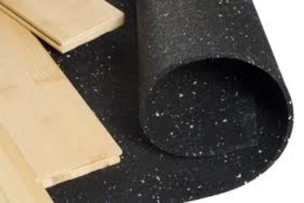 Rubber underlayment flooring roll product shot showing roll end and cross-section thickness